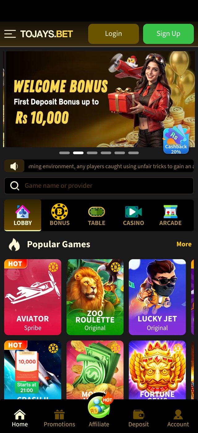 Tojay app home screen showing the welcome bonus and popular slot games