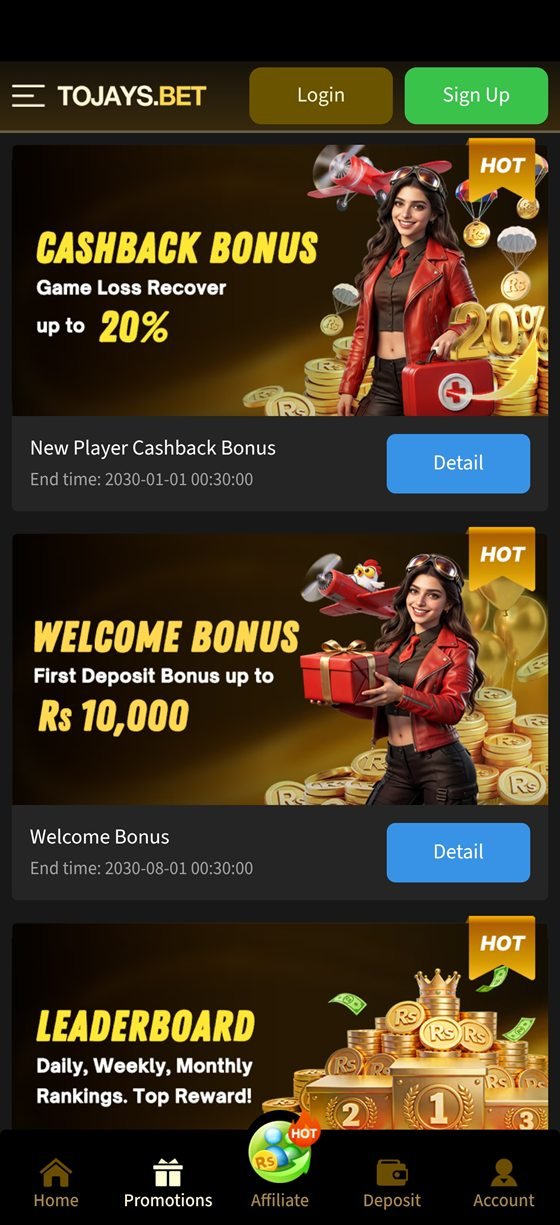 Tojay app promotions screen with cashback and welcome bonus offers