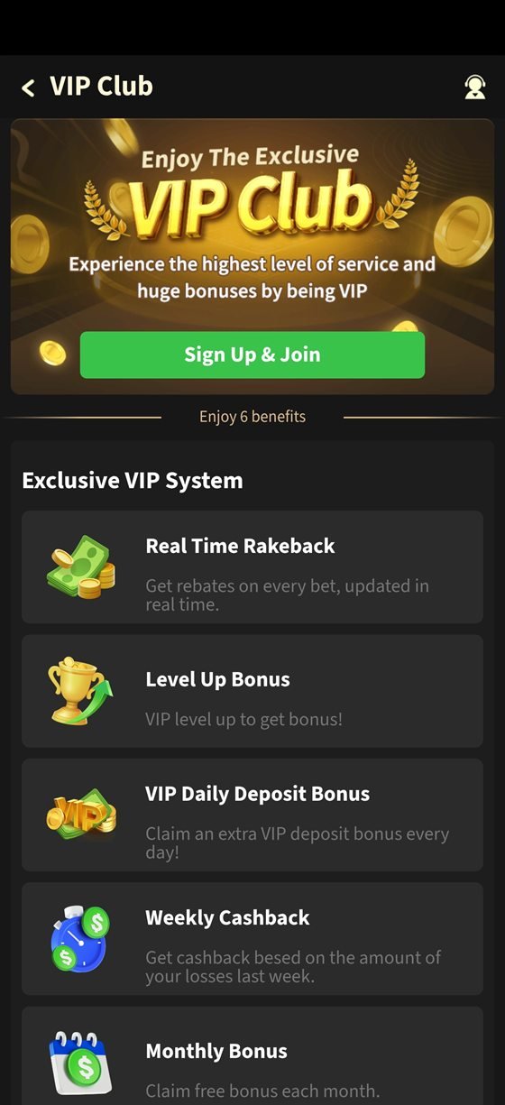 Tojay app VIP club screen with rakeback and cashback rewards